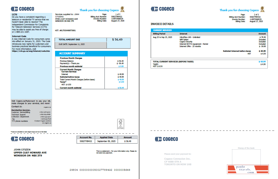 Canada Cogeco utility bill template in Word and PDF formats, 2 pages